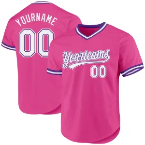 Custom Pink White-Purple Authentic Throwback Baseball Jersey