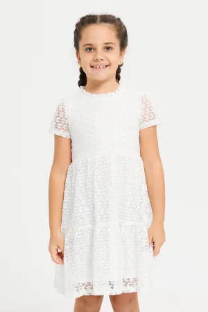 Girls White Lace Tiered Dress